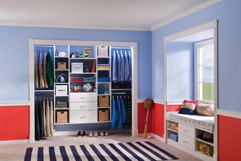 Traditional Kids Room with blue and white striped area rug