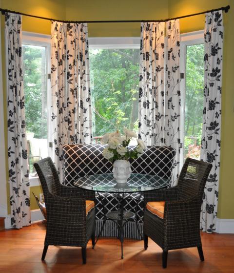 Eclectic Dining Room with black and white dining bench