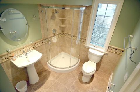 Transitional Bathroom with clear glass shower door