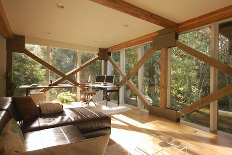 Contemporary Sunroom with exposed wood ceiling beams