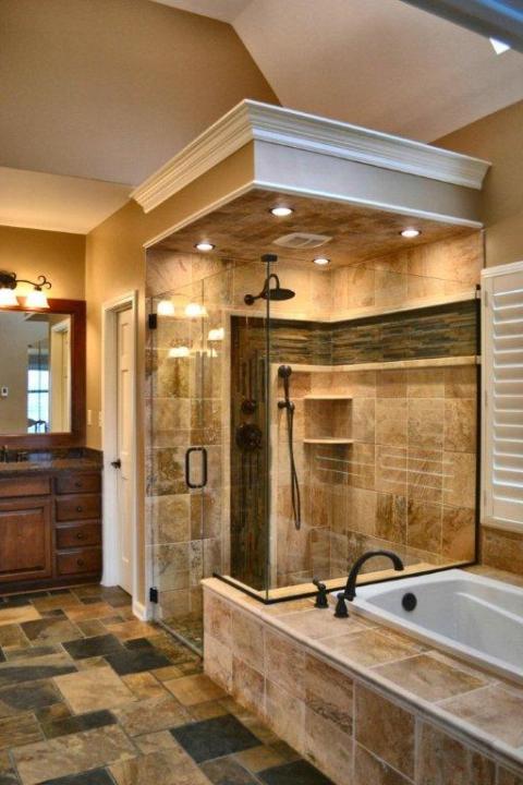 Traditional Bathroom with tan porcelain tile shower wall covering