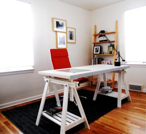 Contemporary Home Office with red organic office chair