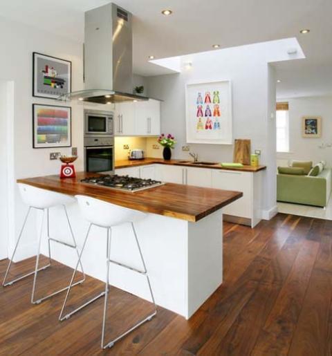 Modern Kitchen with white bar chairs with silver metal legs