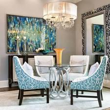 Transitional Dining Room with contemporary light blue dining chairs