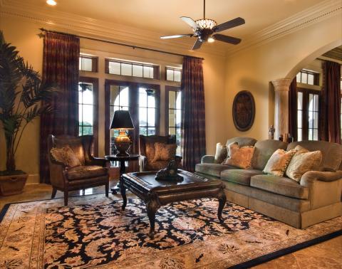 Traditional Living Room with black and cream floral area rug