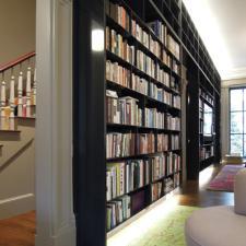 Transitional Library with detailed wood work door frame