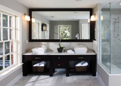 Transitional Bathroom with white marble shower wall covering