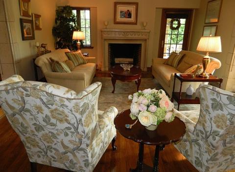 Traditional Living Room with floral pattern chairs