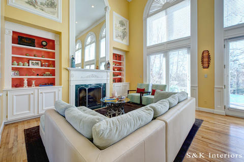 Traditional Living Room with transom windows