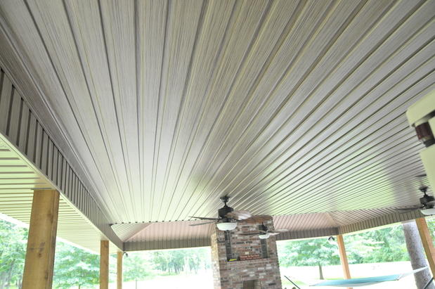 Transitional Patio in Chouteau - gray vinyl ceiling panels, frond ...