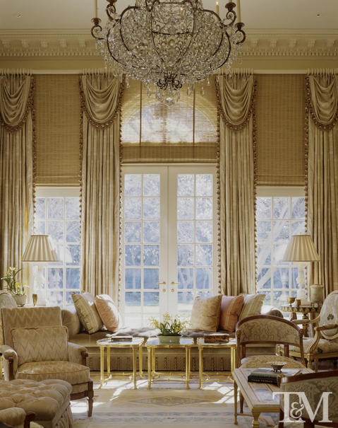 French Living Room with fabric custom drapes window covering