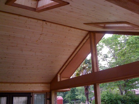 Contemporary Sunroom with pine plank ceiling