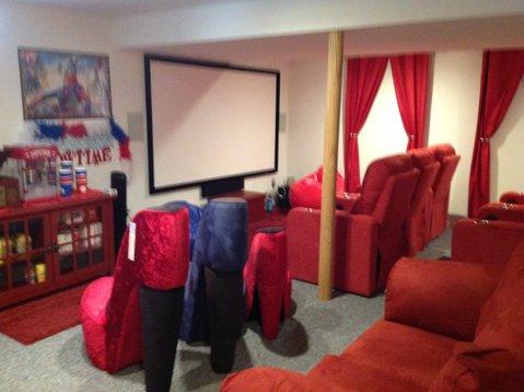 Traditional Home Theater with off white painted walls