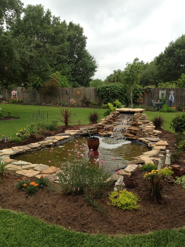 Cottage Landscape in Alvin - stacked stone water feature, lawn | by ...