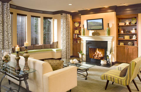 Traditional Living Room with white fireplace mantel