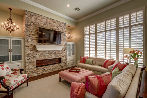 Transitional Library with plantation style shutters