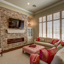Transitional Library with plantation style shutters