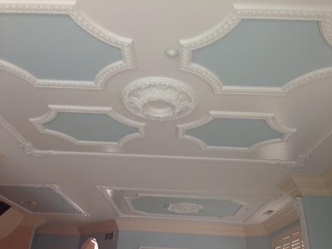 Traditional Living Room with light blue ceiling paint