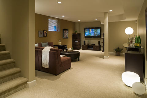 Contemporary Basement with leather coffee table
