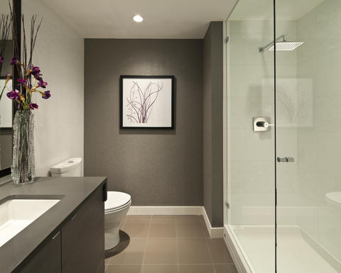 Contemporary Bathroom with dark grey painted accent wall