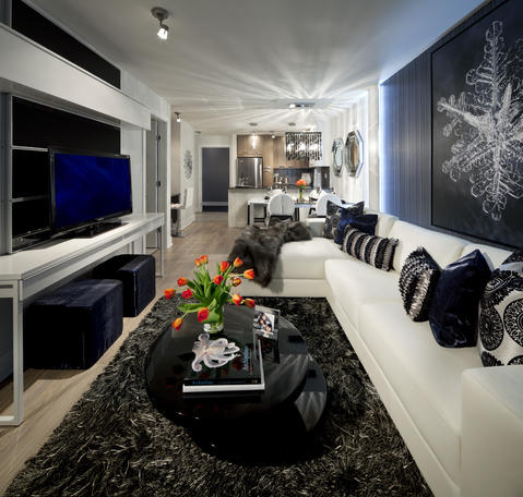Contemporary Family Room with black coffee table
