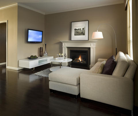 Contemporary Family Room with engineered wood floor