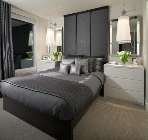 Contemporary Bedroom with upholstered headboard to ceiling