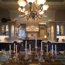 Traditional Dining Room with tufted upholstered window valance