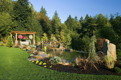 Traditional Landscape with landscaped pool surroundings