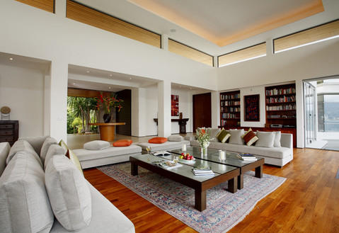 Contemporary Family Room with floor to ceiling window
