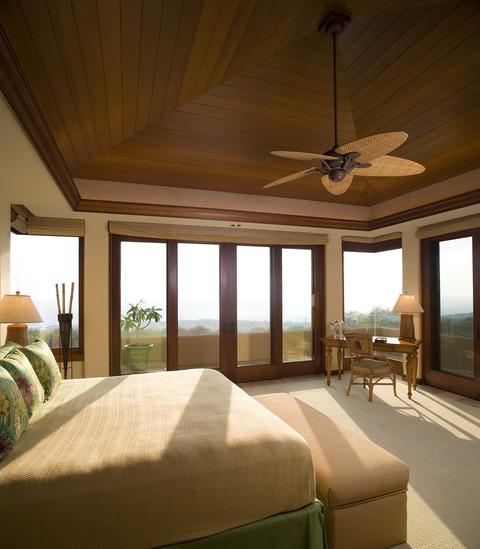 Contemporary Bedroom with dark wood plank ceiling covering