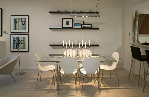 Modern Dining Room with black and steel bar stools