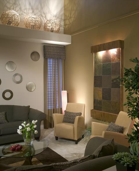 Contemporary Family Room with plant shelf with light fixtures