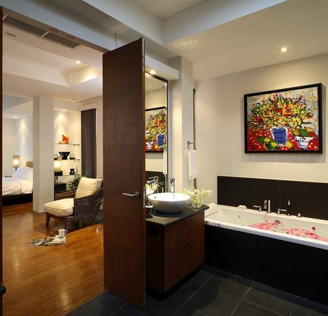 Modern Bathroom with solid surface countertop