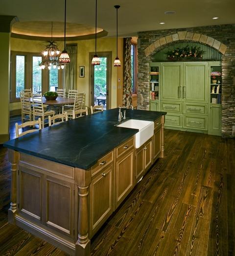 Traditional Kitchen with stained glass pendant