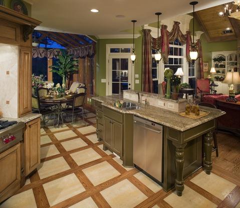 Traditional Kitchen with stained wood vaulted ceiling