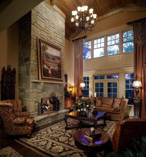 Traditional Living Room with stone fire place wall