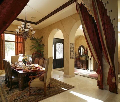 Traditional Dining Room with off white marble tile floor