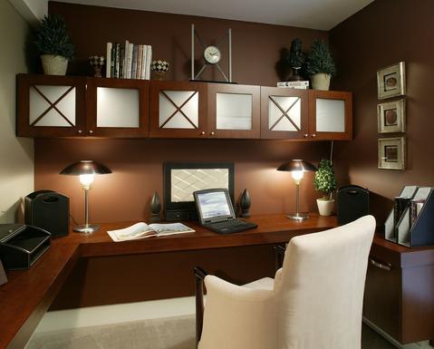 Contemporary Home Office with frosted glass front cabinets
