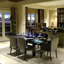 Modern Dining Room with steel and black bar stools