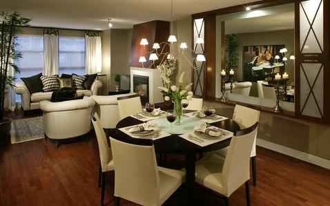 Transitional Dining Room with off white upholstered dining chairs