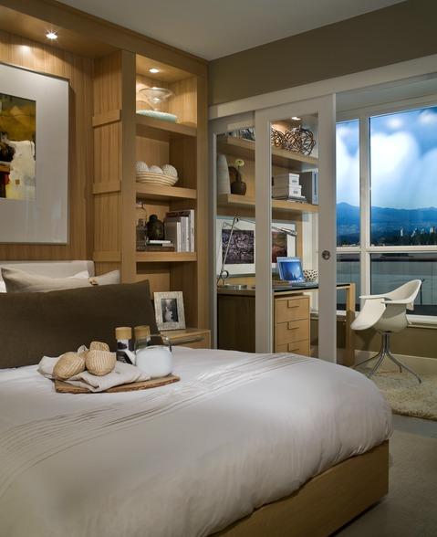 Contemporary Bedroom with white framed by pass sliding glass door