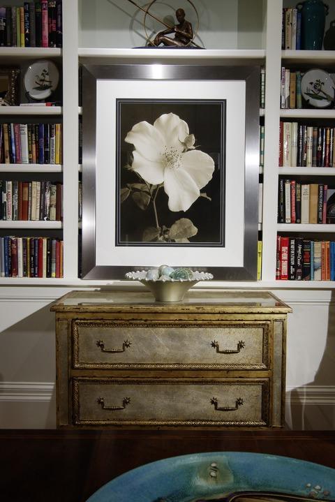 Transitional Library with silver and gold gilded dresser