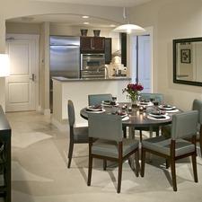 Modern Dining Room with stainless steel appliances