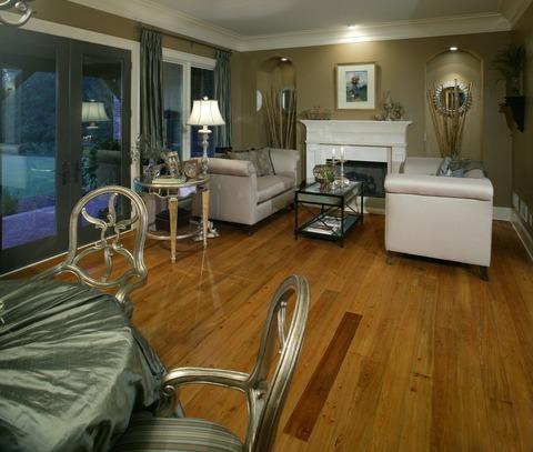 Transitional Family Room with medium wood stained floor