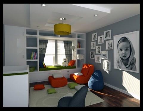 Contemporary Kids Room with built in window bench