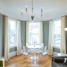 Eclectic Dining Room with silk curtain drape window covering