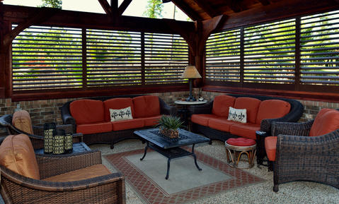 Contemporary Patio with wrought iron coffee table