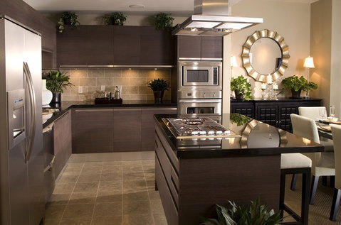 Modern Kitchen with high end stainless steel refrigerator with water dispenser