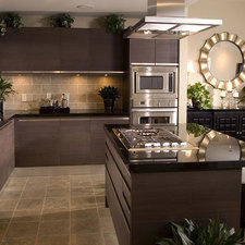 Modern Kitchen with high end stainless steel refrigerator with water dispenser